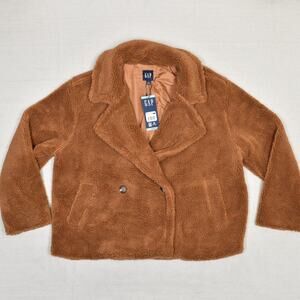 NEW Gap Women Double Breasted Coat Jacket Polyester Orange Size L Sherpa Pockets